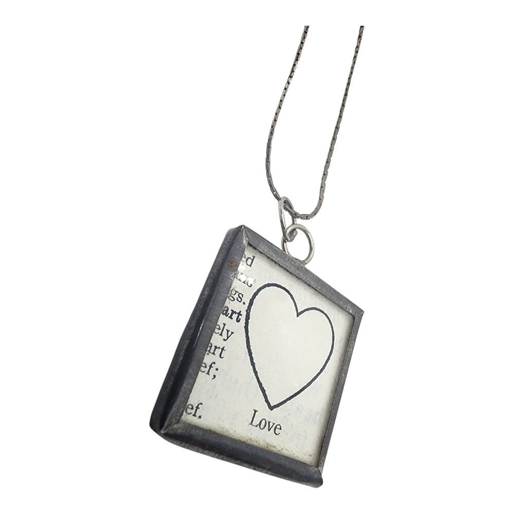 Reversible Love Heart Pendant Necklace Glass Framed Mom Silver Tone Chain